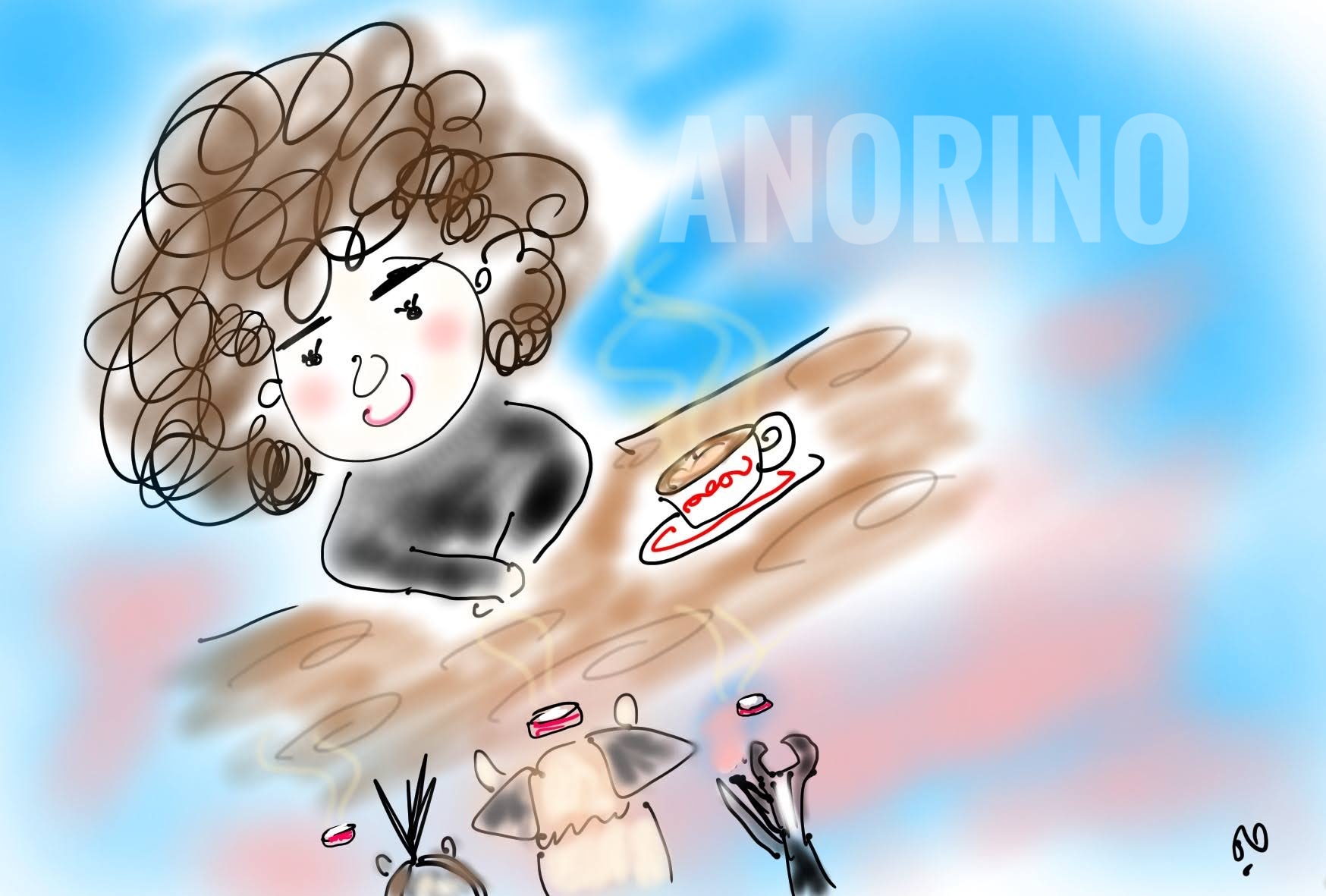 女性が犬たちとお茶をしているイラスト